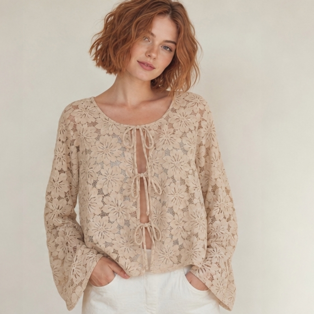 Free People Beige Floral Lace Tie-Front Blouse